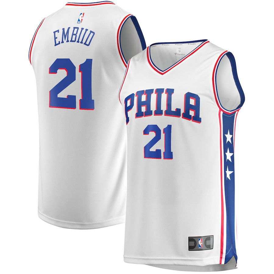 Men Philadelphia 76ers 21 Joel Embiid Fanatics Branded White Replica NBA Jersey